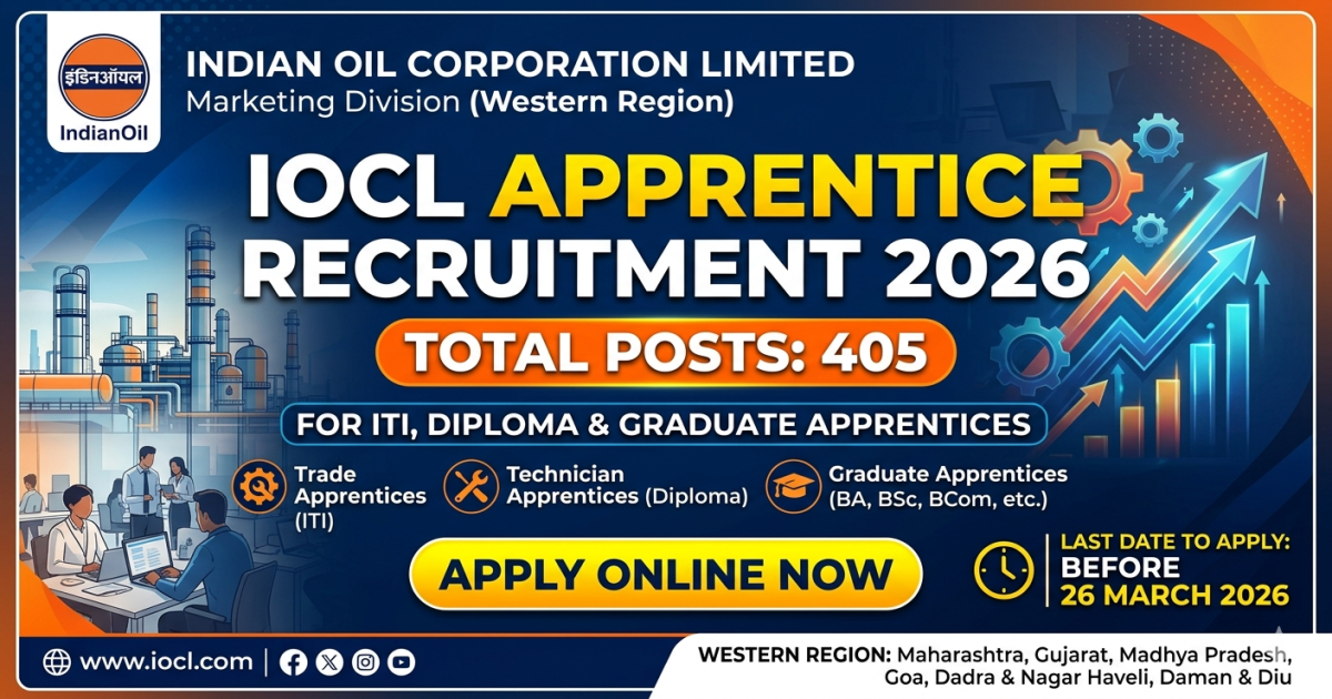 IOCL Marketing Division (WR) Apprentice Recruitment 2026 – Apply Online for 405 ITI, Diploma & Graduate Apprentice Posts Before 26 March