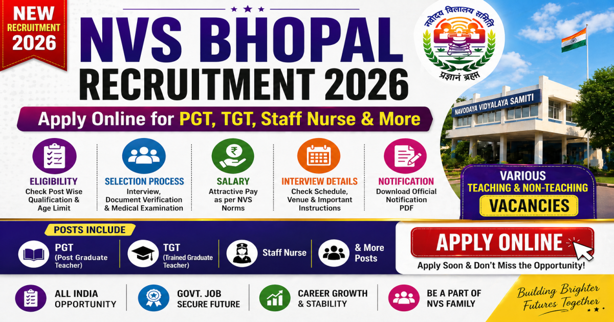 NVS Bhopal Recruitment 2026 Apply Online for PGT TGT Staff Nurse and More Posts.
