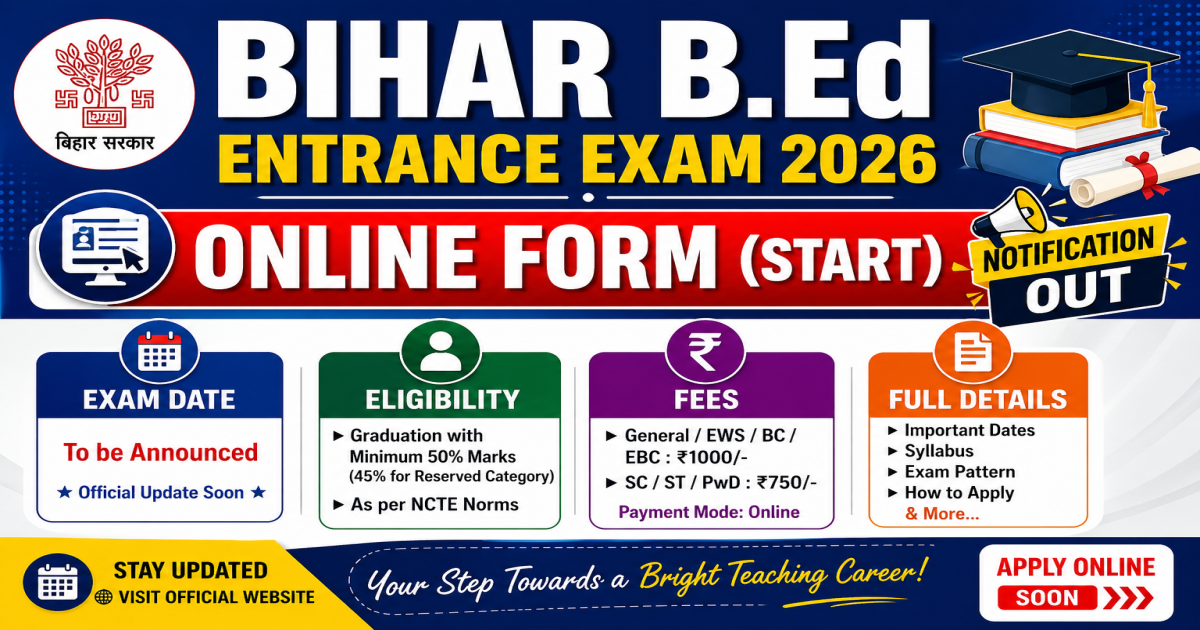 Bihar BEd Entrance Exam 2026 Online Form Start Notification Out, Exam Date, Eligibility.